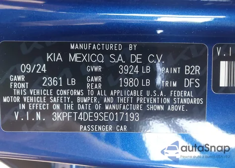 2025 Kia K4 Lxs из США, поврежденный, VIN 3KPFT4DE9SE017193